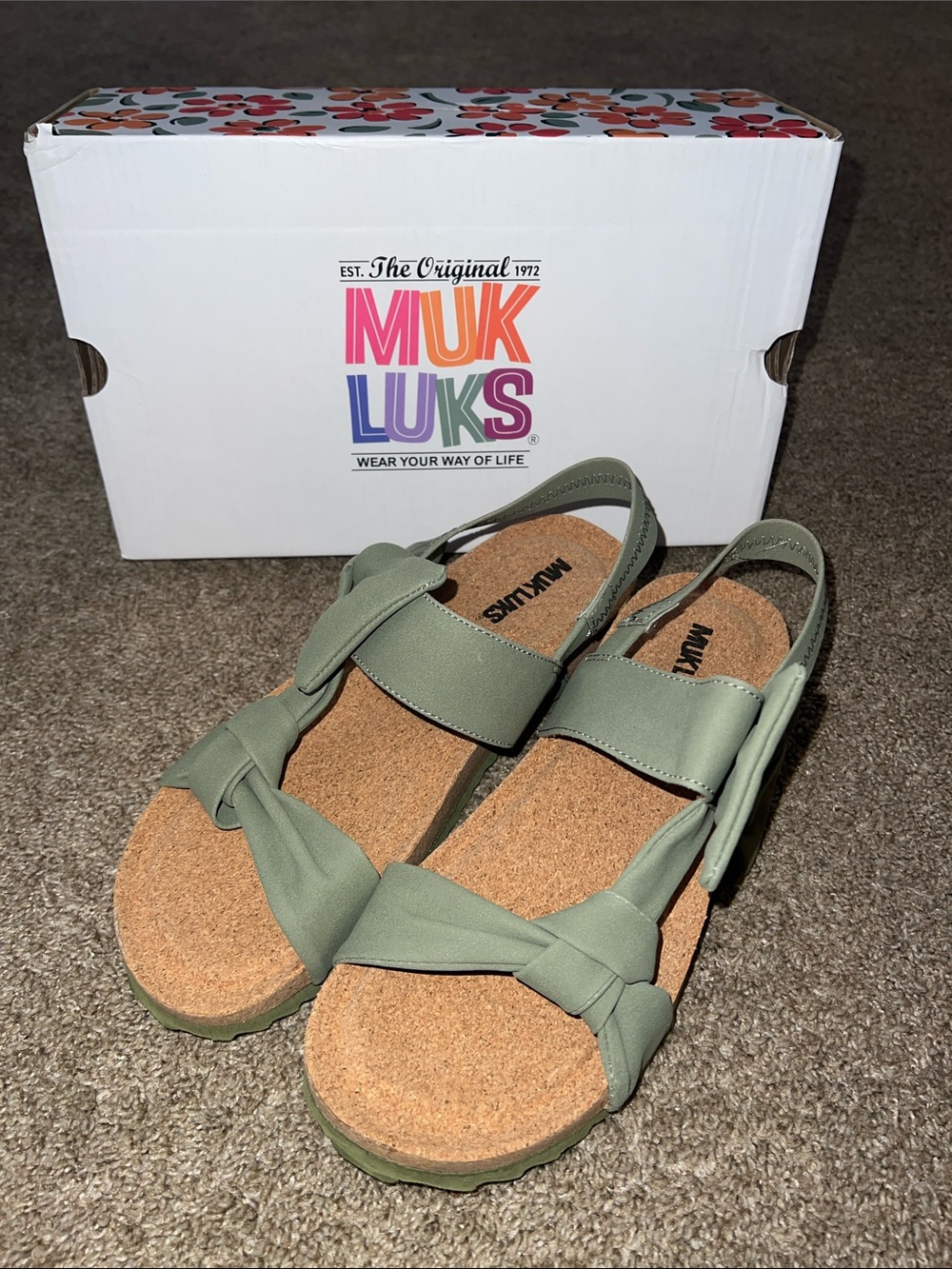 Muk Luks Olive Green Strappy Cork Footbed Sandals